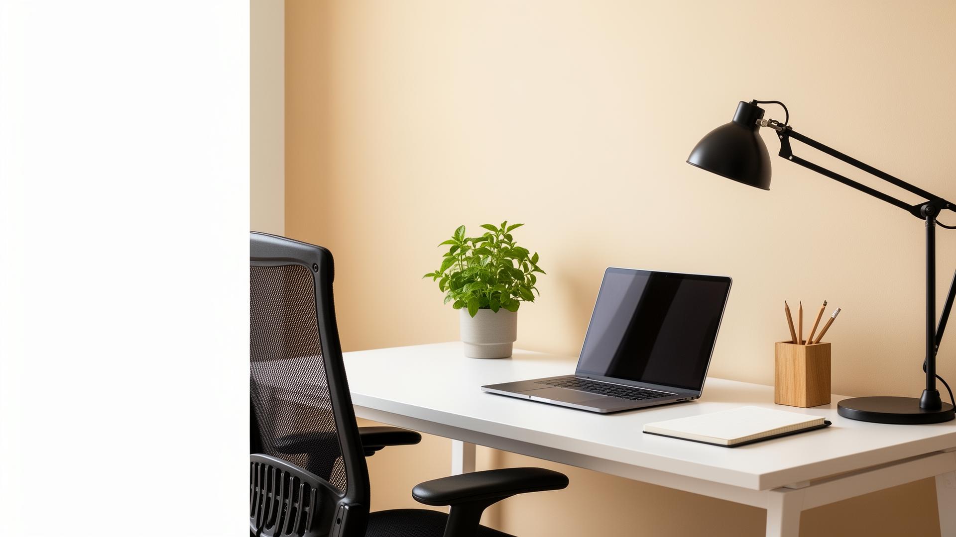 Moderne kontor med ergonomisk stol, laptop og bordlampe